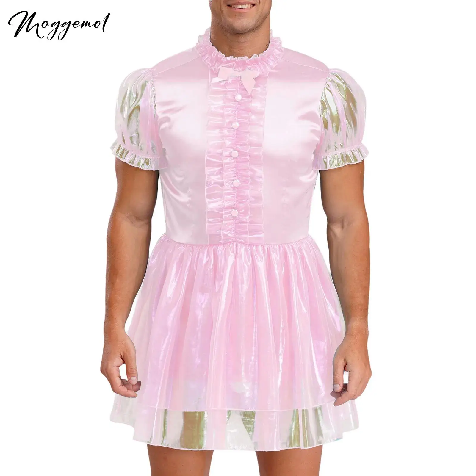 

Мужское платье с рюшами Sissy Maid, блестящее пышное платье с пышными рукавами и бантом, запираемый костюм для кроссдресса, униформа, ночная рубашка, одежда для сна