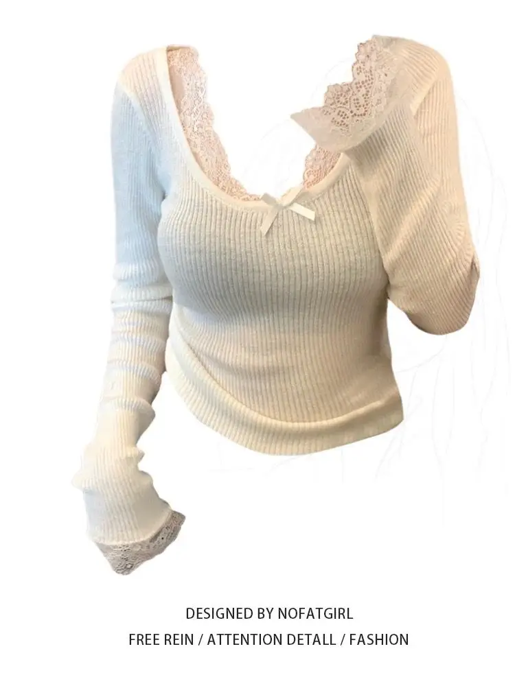 

French Lace Patchwork Bow V-neck T-shirt Sexy Women Autumn Winter Sweet Long Sleeve Slim Tops Korea Chic Design Casual Blouse