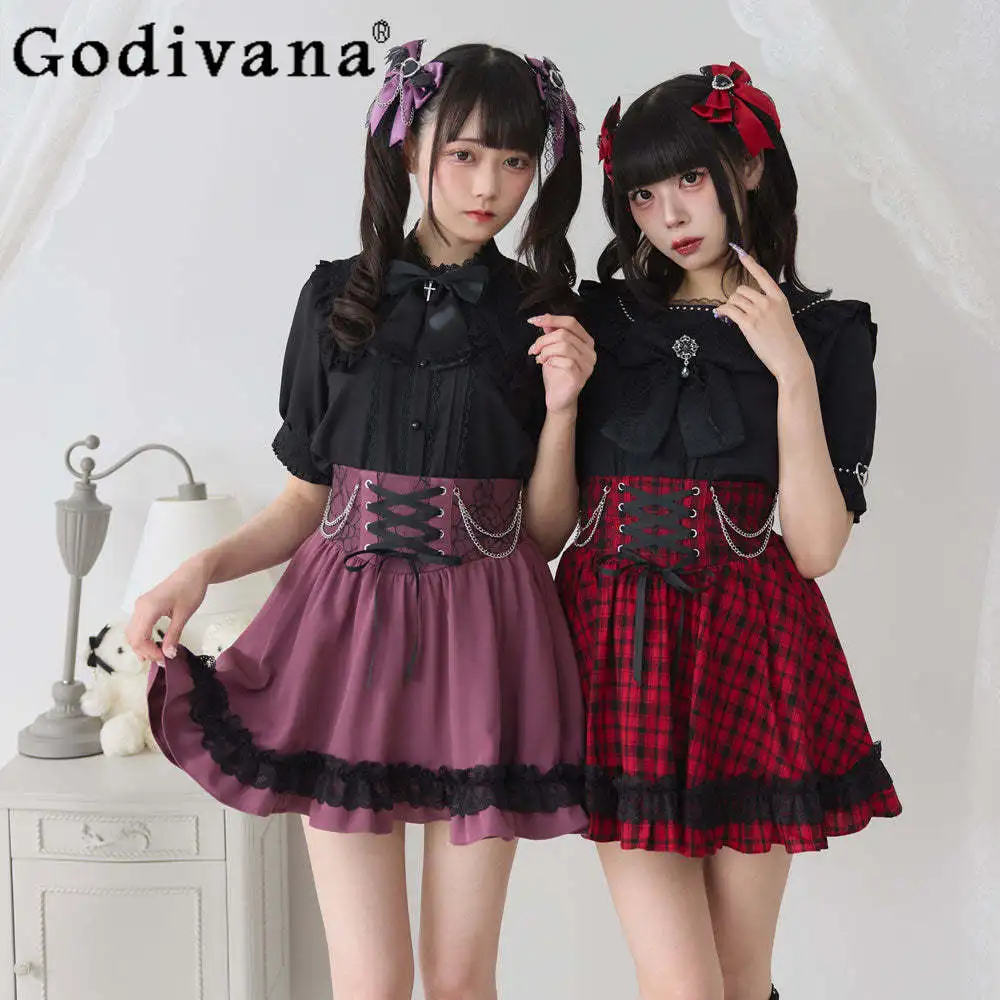 

Heavy Industry Lace Stitching Red Plaid Skirt Girly Japanese Sweet Cute Lace-up Waist-Controlled Slim Skirt Women Pleated Skirt