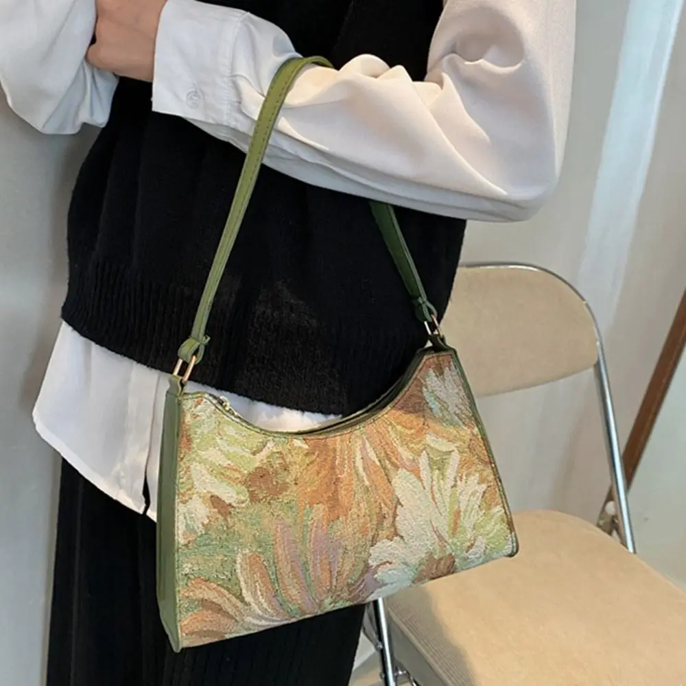 Canvas Oil Painting Shoulder Bag Portable Chinese Style Printed Flower Underarm Bag Handbag Tote Bag Shoulder Bag Travel