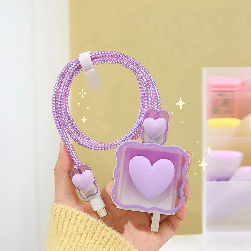 4 in 1 set Love Heart Charger Cable Protector Case iPhone 15 14 11 16 18w 20w Charging Head Protective Cover Winder Accessories
