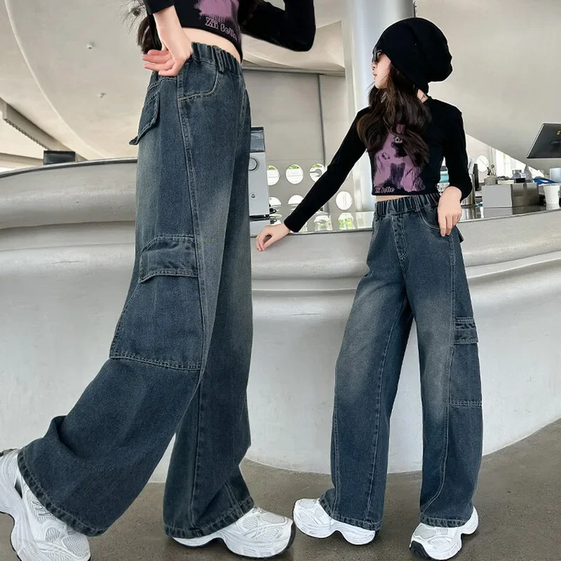 

Girls Korean Style Street Casual Denim Pants Child Vintage Jeans Trouser High Quality Kids Cargo Jeans With Pockets for Teenage