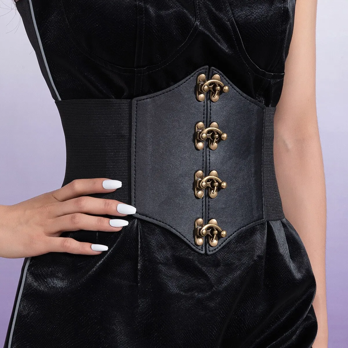 Retro Women PU Leather Latch Waist Belt Wide Elastic Corset Belt Steampunk