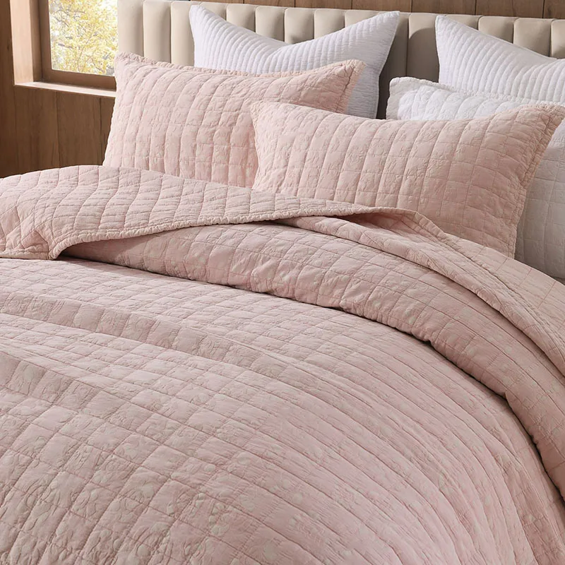 High-End Enzyme Washed Cotton Quilt Set 3PCS Plaid Embroidered Bedspread Coverlet Lightweight Thin Summer Comforter