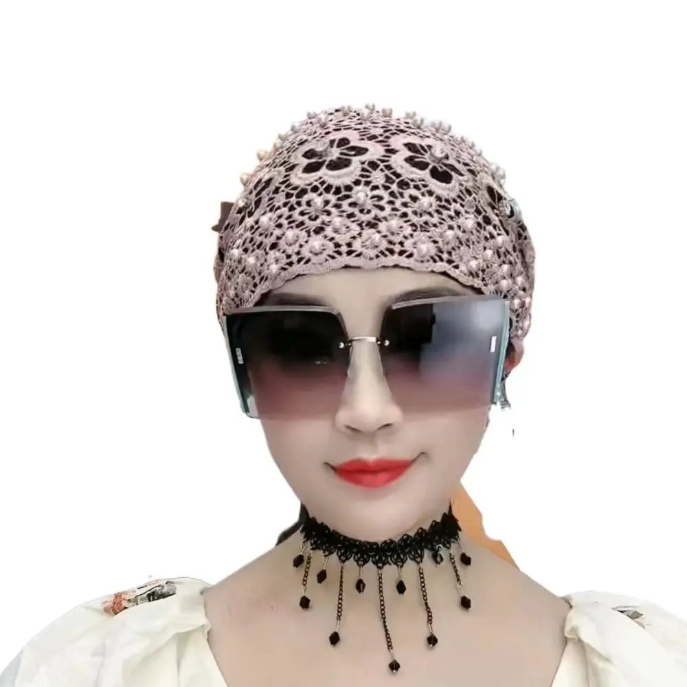 Fashion Flowers Baotou Hat Embroidery Lace Prayer Hat Summer Beaded Turban Women