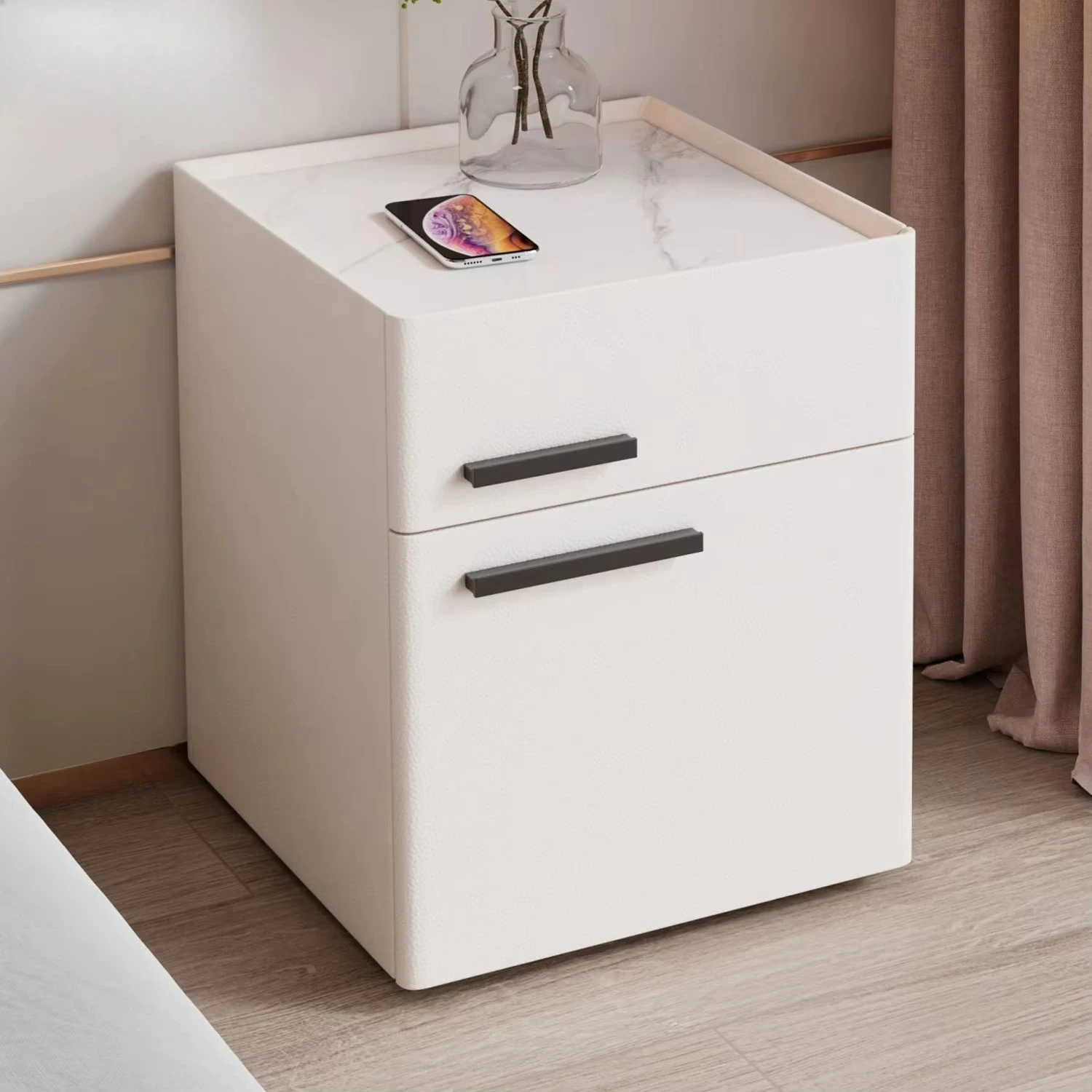 Home Multifunctional Nightstand with 3-Color Light, Wireless Charging, USB, Bluetooth Speaker & Fingerprint Lock