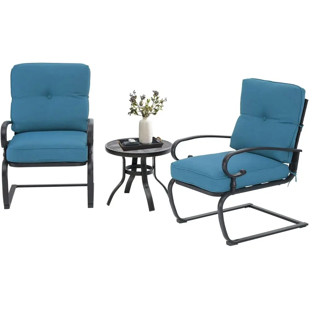 

3-Piece Spring Metal Outdoor Bistro Set with Cushioned Chairs and Blue Wrought Iron Table
