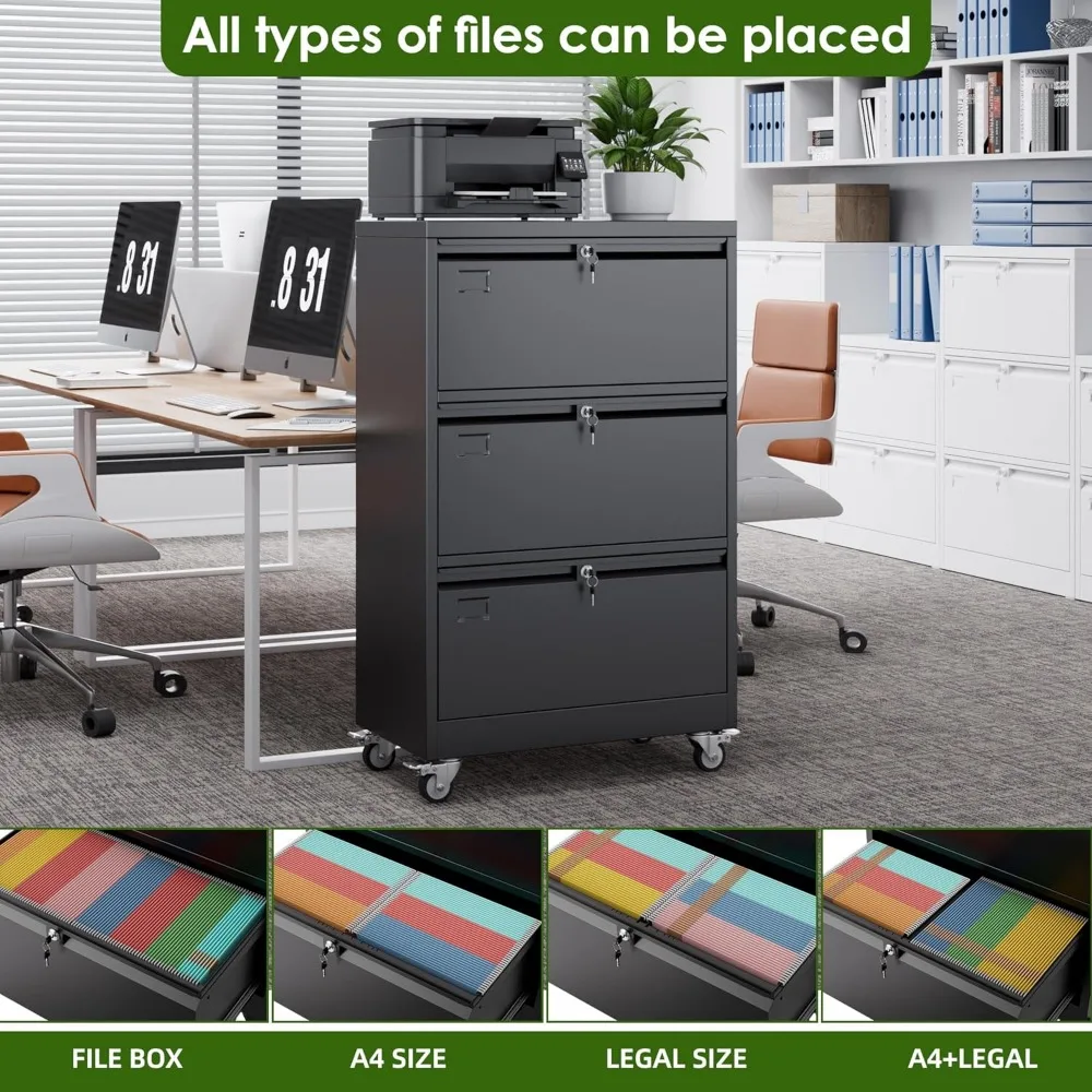 Lockable Metal Lateral File Cabinet with Wheels for Home Office, Legal/Letter Size, Black, Storage Solution