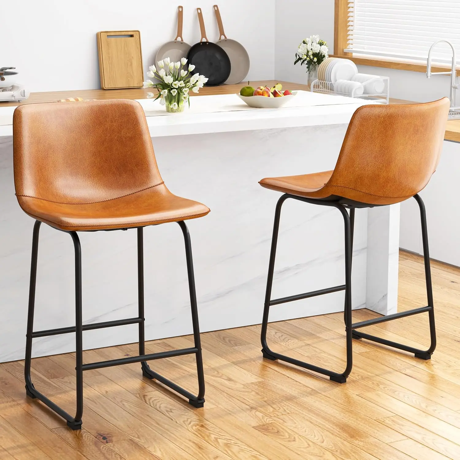 Bar Stools Set of 4, PU Leather Counter Height Bar Stools, 26