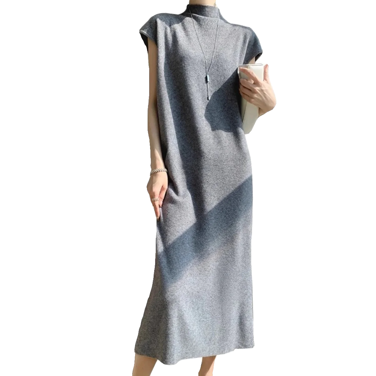 Outono inverno feminino longo sve malha dr f gola alta cor pura ort sve malhas camada base solta dr