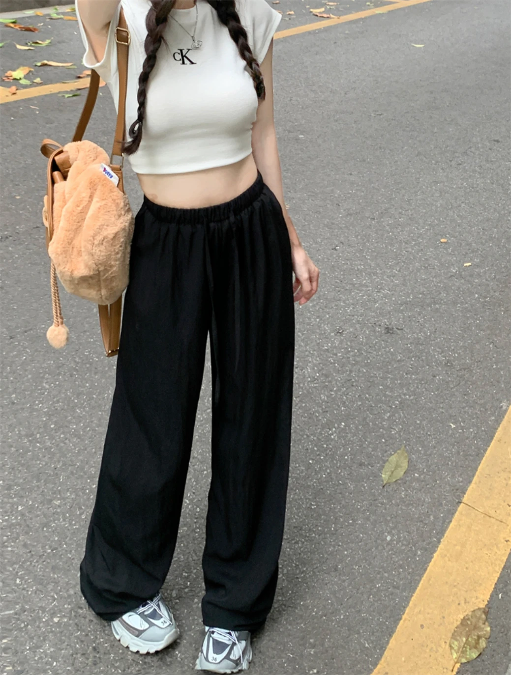 2024 Summer New Vertical Loose Casual Wide Leg Pants High Waist Draw Rope Straight Pants Women