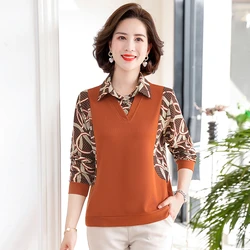 Autumn Vintage Fake Two Pieces Long Sleeve Tops Women's Clothing Spring Autumn New Casual Polo-Neck Printed Spliced Shirt