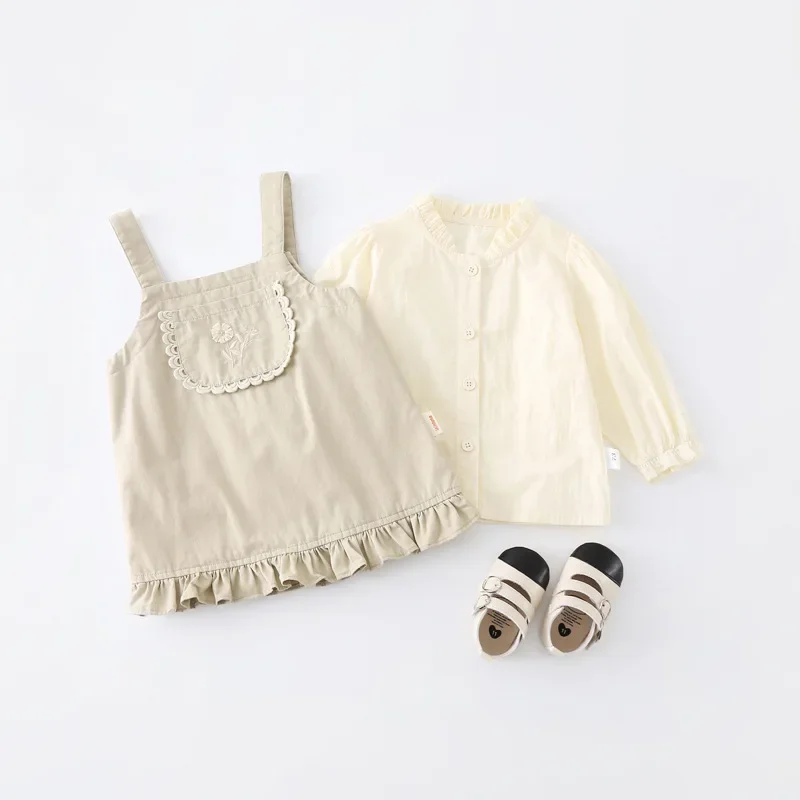 Autumn 2024 New Girls Set Cute Long Sleeve Shirt Suspender Skirt for Baby Girls Autumn Two Piece Set