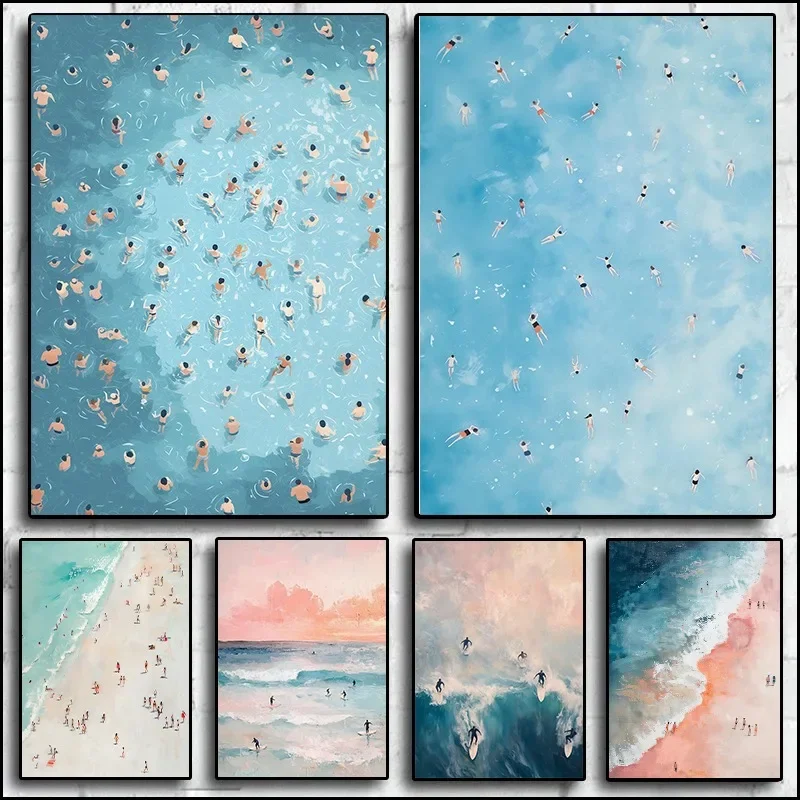 2026 Summer Ocean Beach Scenery Poster Aerial Surfers Swimming Ocean Wave Canvas  Coastal Wall Art for Living Room Home De
