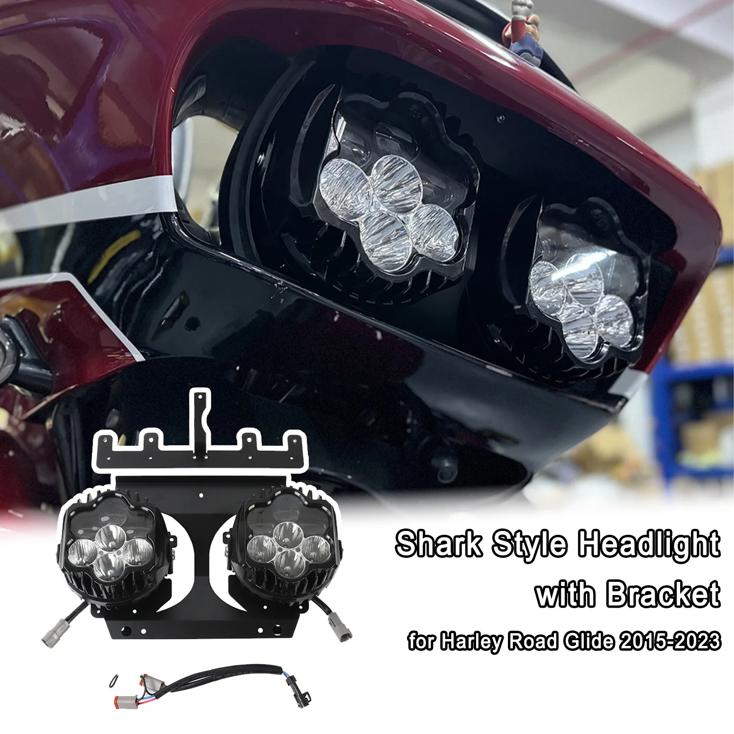 

Black Road Shark Style Headlight with Bracket Plug&Paly Headlamp for Harley Touring Road Glide 2015-2023 Motorcycle Lamp