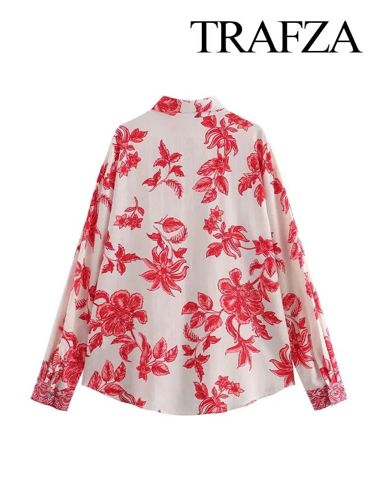 TRAFZA Women New Fashion Blouse Flowers Print Turn-Down Collar Long Sleeves Single Breasted Female Summer Casual Loose Shirts