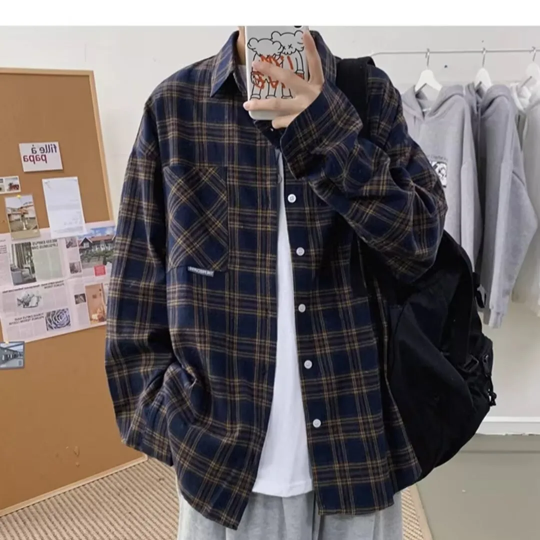 

Japanese Sle Plaid Long Sve irt Men's Casual Autumn Spring Vintage Boys Faionable Cotton Polyester Blend Wear Resistant