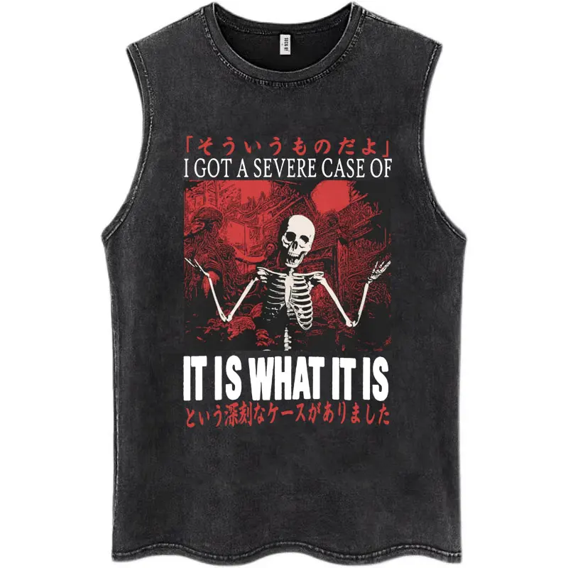 خمر المغسول أعلى خزان للرجال والنساء ، اليابان I Alone الحمام ، شخصية س الرقبة تي شيرت ، القطن عارضة ، المتضخم بلا أكمام الشارع الشهير