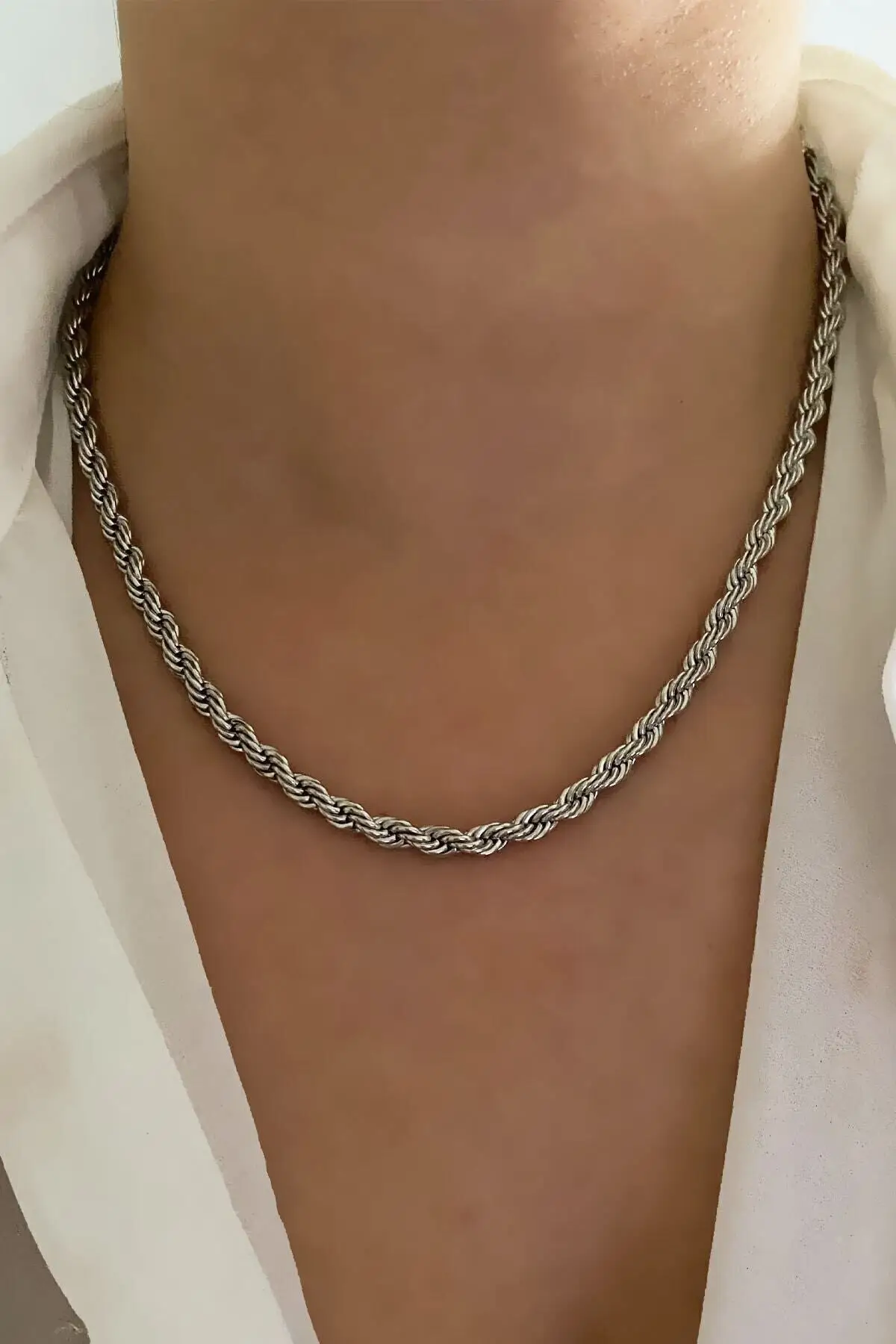 Unisex Silver Color Thick Long Steel Auger Chain