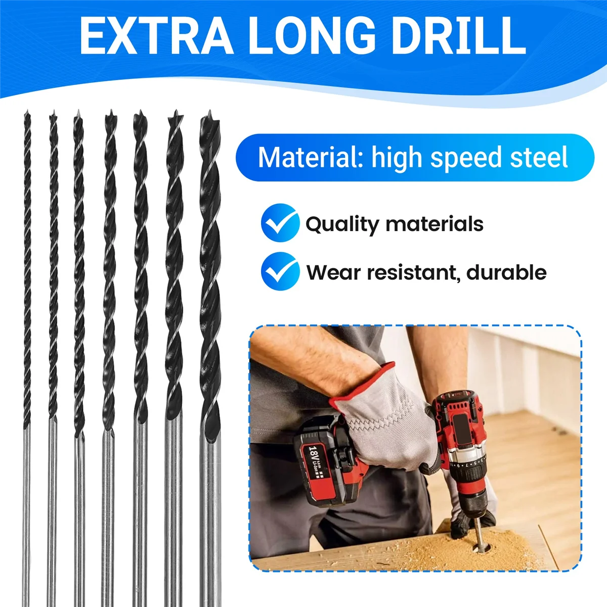 

A78G 7Pcs Extra Long Wood Drill Bit Set 12 Inch 300mm Drill Bits DIY Woodworking Tool Spiral Drill Extra Long Drill