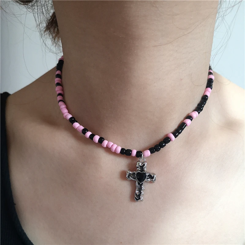 Goth Y2K Cute Star Cross Pendant Black Pink Beaded Chain Necklace Egirl 2000s EMO Harajuku  Aesthetic Grunge Jewelry Accessories