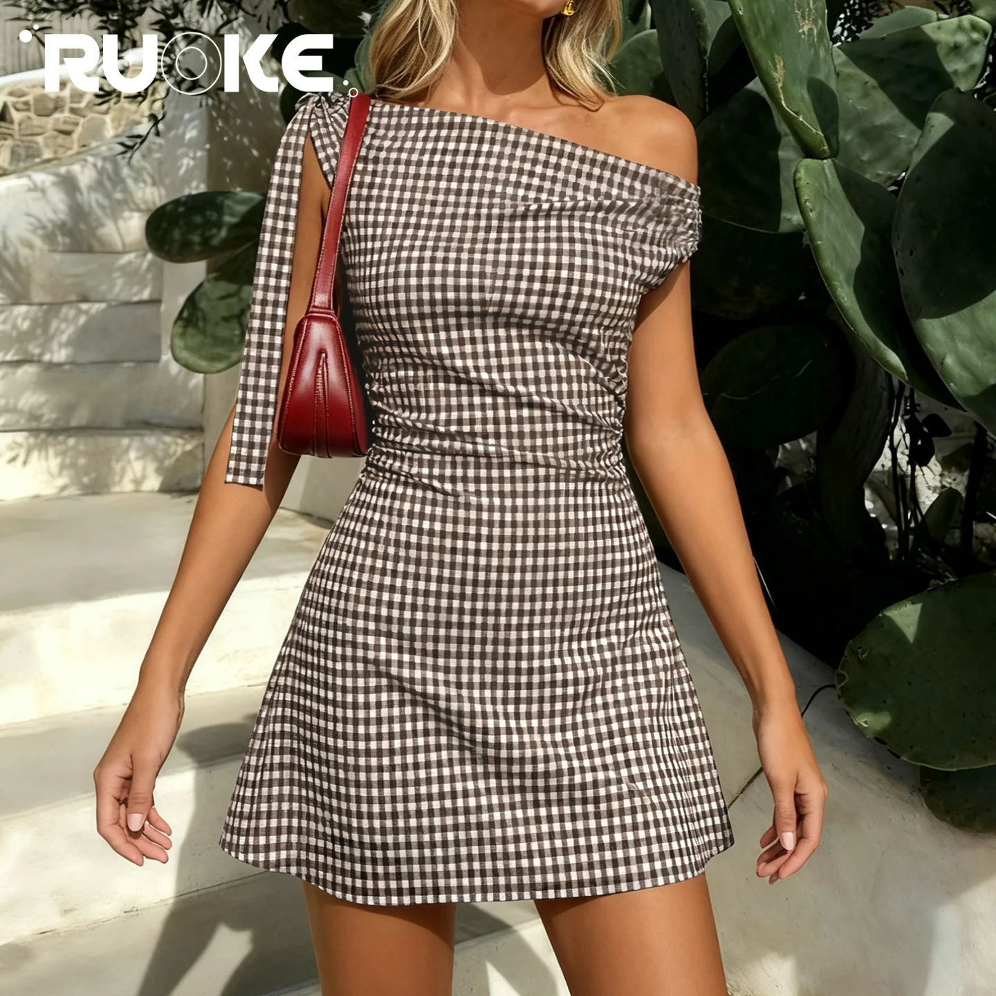 

[RUOKE] Vacation Plaid Mini Dress Elegant Women Spring Summer One Shoulder Bandage Slim Fit A-line Short Dress Streetwear Outfit