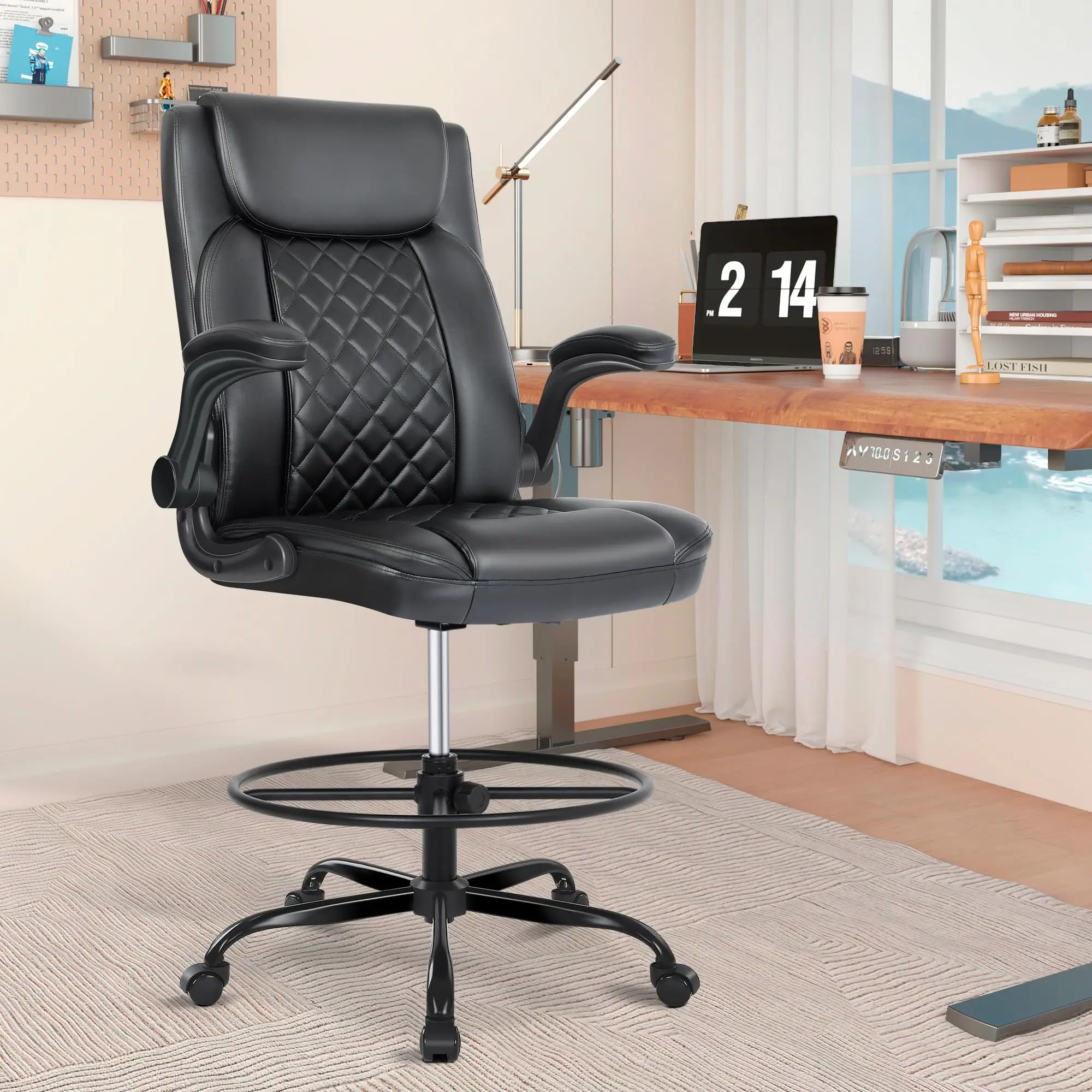 Drafting Chair with Footrest Ring, Tall Office Chair for Standing Desk, PU Faux Leather Bar Counter Height Chairs with