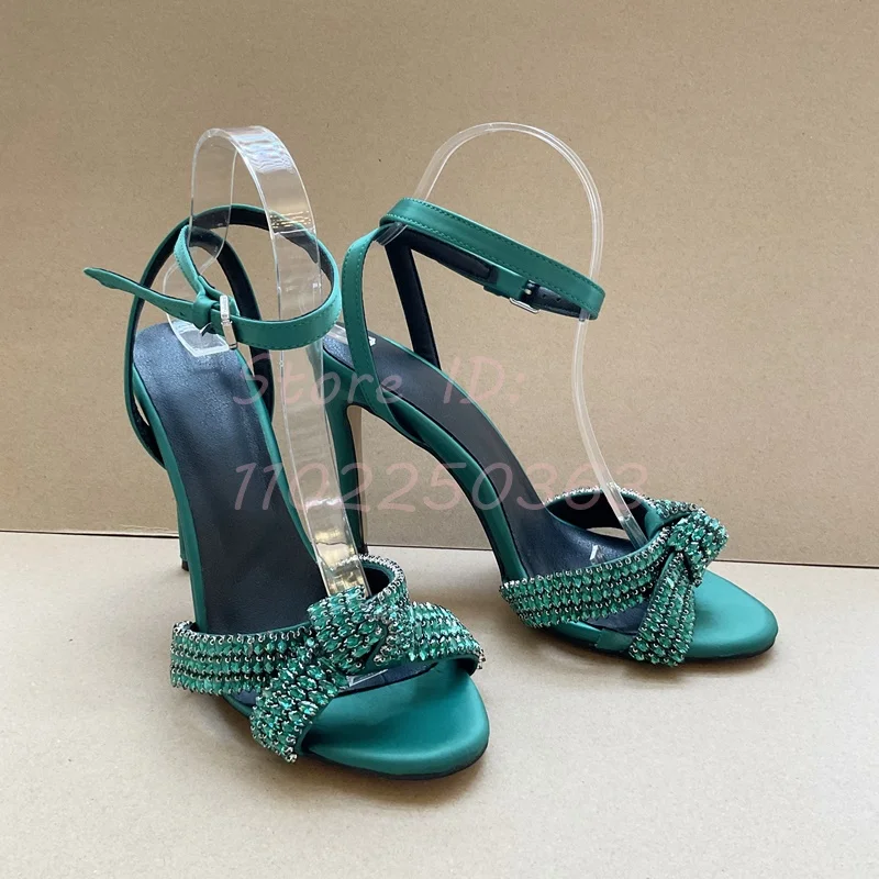 

Crystal Green Butterfly-knot Thin High Heels Sandals Satin Round Toe Buckle Ankle Strap Stilettos Pumps 2024 Women Dress Shoes