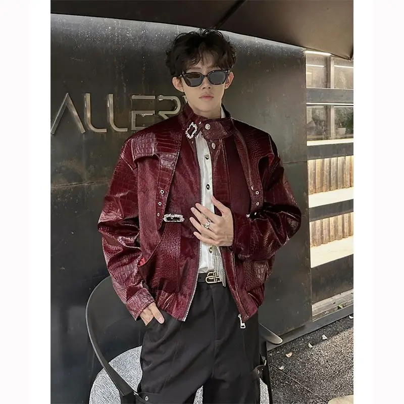 Couple Leather Jacket Splice Strap Unique High-end Crocodile Skin Texture Padded Shoulder Loose-fitting Outerwear Mens Bomber