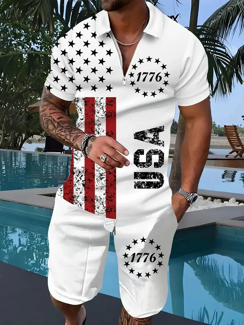 

USA letter Printed Men's Trendy Two-piece Set Short Sleeve Half Zipper Lapel Golf Shirt Shorts Casual Comfortable Clothing Sets