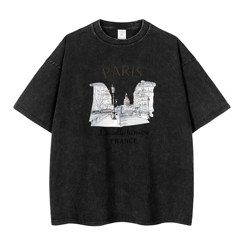 230G Cotton Retro T-shirt Drop-shoulder Sleeve Men Women Vintage Short-sleeve T Shirts Solid Color Hip Hop Loose Tees