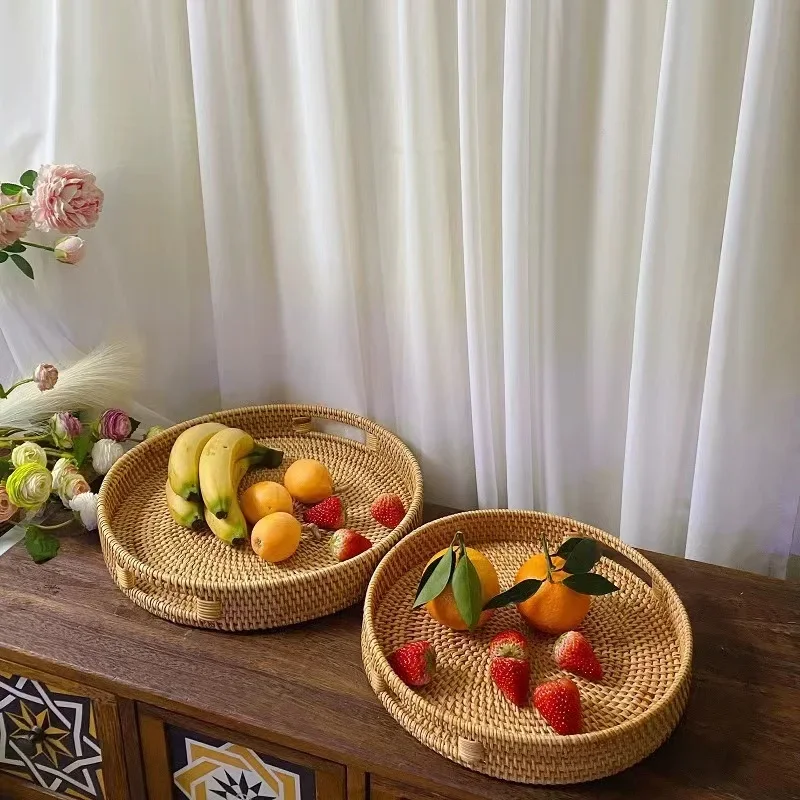 Cestino portaoggetti in Rattan intrecciato a mano TrayTea Fruit Round Case con manico tè pomeridiano vassoio per frutta cestino portaoggetti vassoio