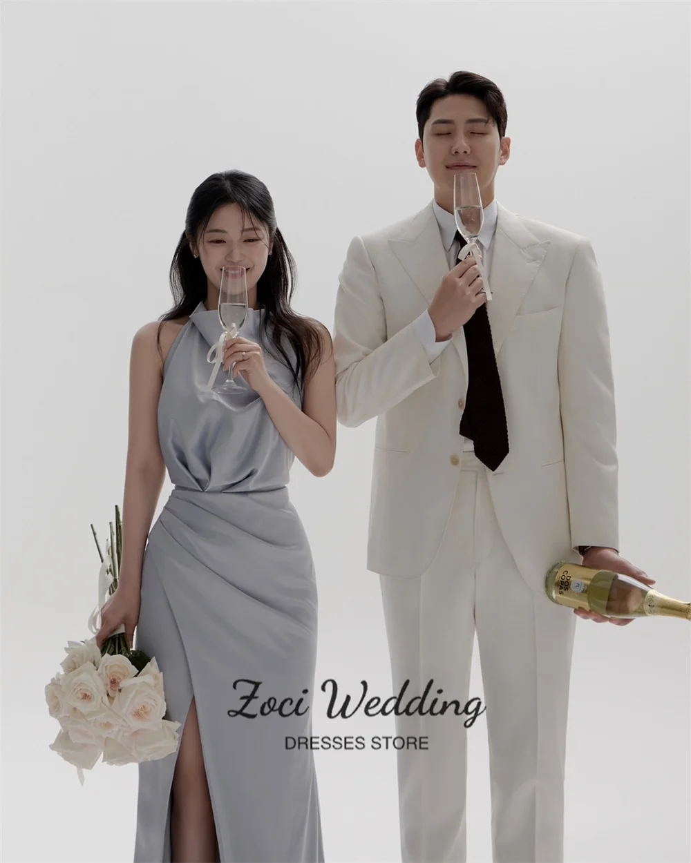Zoci Blue Side Evening Dresses High Collar   High Slit Sleeveless Korea Wedding Reception Dresses Customized Phoo Shoot Dress
