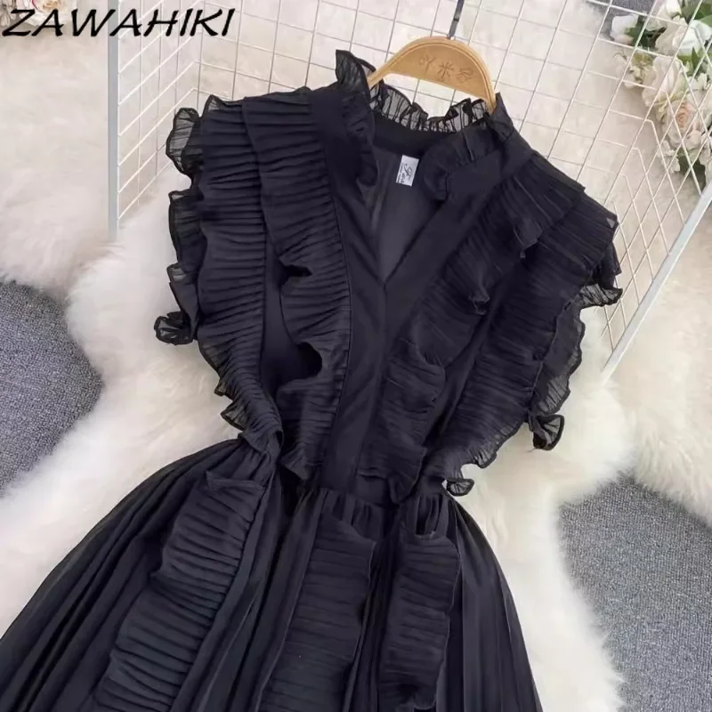 Temperament damska sukienka latający rękaw Patchwork Femme szata plisowane falbany urząd Lady Vestidos jednolity kolor Casual Ropa Mujer