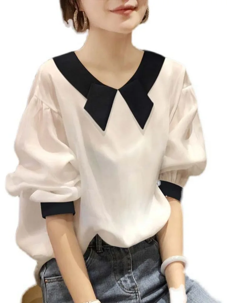 2024 Summer Blouse Women Clothes Short Sleeve Contrast Color All Match Temperament Shirts Blouses Vintage Tops Camisas De Mujer