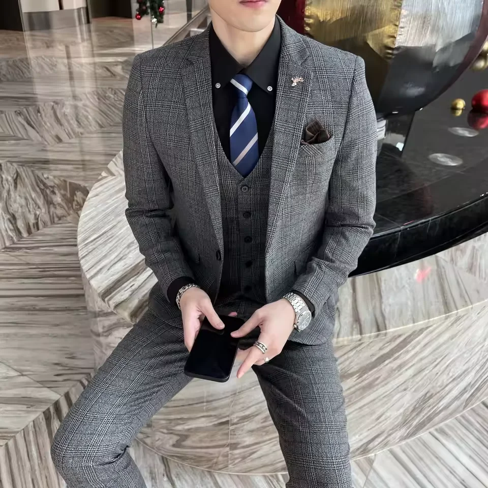 

British Korean Style High Quality Modified Plaid Two-Piece Suit for Men - Stylish Business Casual Suit Coat Trousers Set