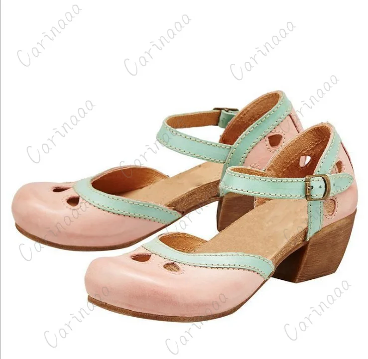 Zapatos de tacón medio para mujer, sandalias informales ahuecadas, elegantes, Retro, de tobillo, bloque de Color, con correas de hebilla, de verano