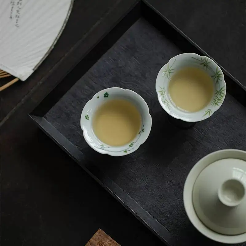 Wuyintang zhehuang Underglaze Color Hand Painted Flower Mouth Imitation Song Dynasty High Footed Scholar Style Ceramic Tea Cup