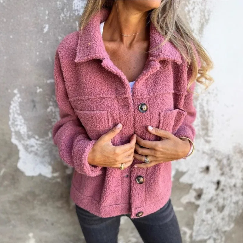 Autumn Winter Lapel Single-breasted Lambswool Women's Coat Casual Long Sleeve Button Pockets Solid Jackes Tops Women Streetwear