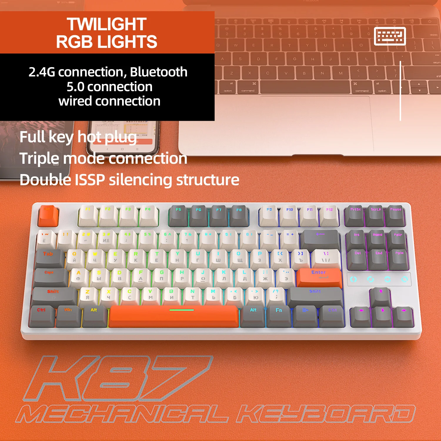 Clearance! K87 Gaming Mechanical Keyboard For PC Gamer Swappable RGB Wireless BT 5.0 2.4 Ghz Wired Three Modes 87 Keys