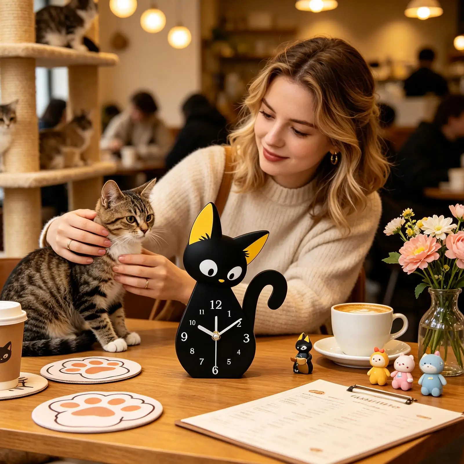 Desk Clock Black Cat Shape Analog Non Ticking Bedside Timepiece Shelf Clock for Living Room Kitchen Workplace Dorm Home Study
