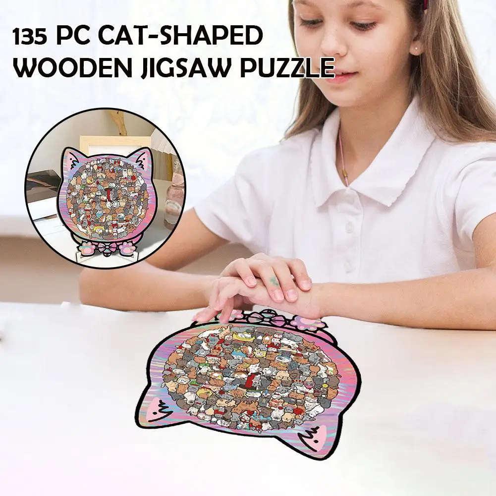 Colorful Wooden Cat Puzzle Unique Irregular Puzzle Pieces Game Fun Educational Toys Birthday Xmas Gifts For Cat Lovers For Kids