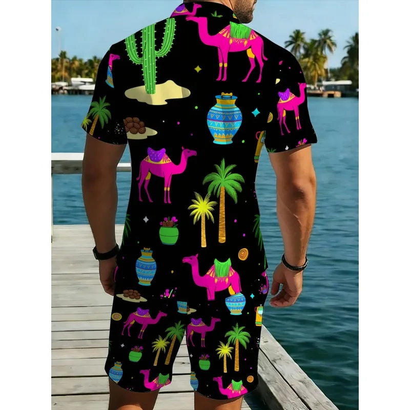 Men's Polyester Short Sleeve Shirt & Shorts Set Camel Palm Tree Print Lightweight Durable Beach Party Casual Outfit
