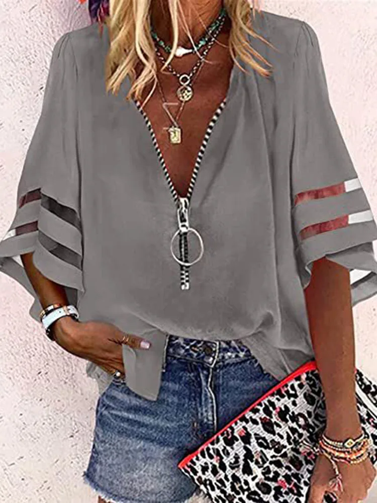 Summer Shirt Elegant Women Lace Patchwork Flared Sleeve Mesh White Blouse Women Zipper V-Neck Loose Casual Tops Streetwear Femal