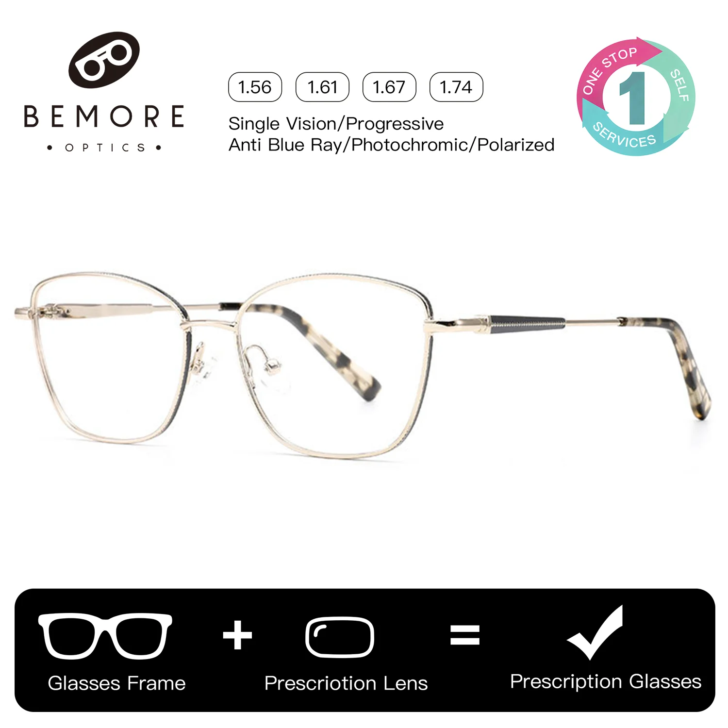 

BEMORE Fashion Square Metal Alloy Myopia Glasses Woman Butterfly Anti-Blue Light Progressive Multifocal Prescription Eyewear