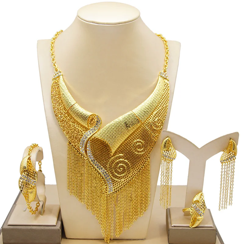 

Dubai style large jewelry set women wedding tassel long chain jewelry set Ethiopian traditional jewelry