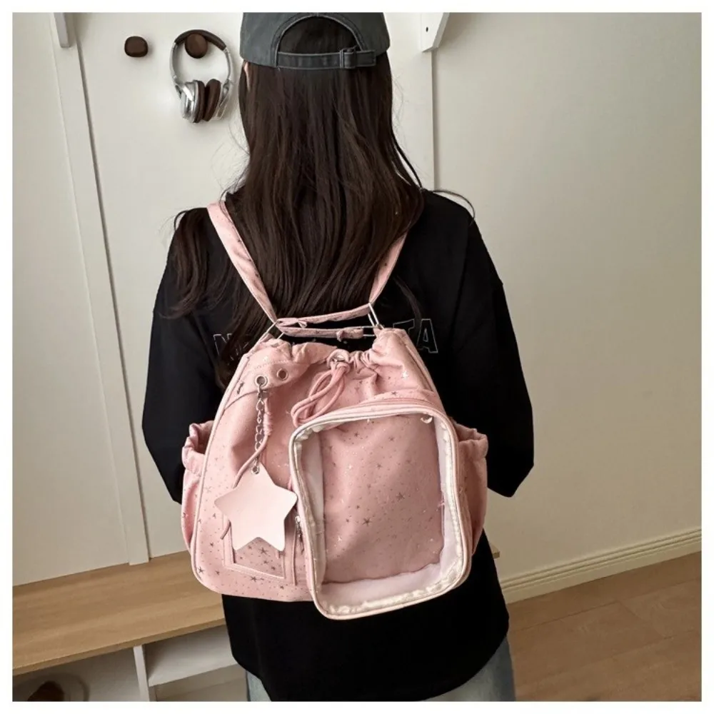 Kawaii Large-Capacity Student Backpack Stars Print Clear Pentagram Backpack Drawstring Double-Shoulder Bag Junior High School
