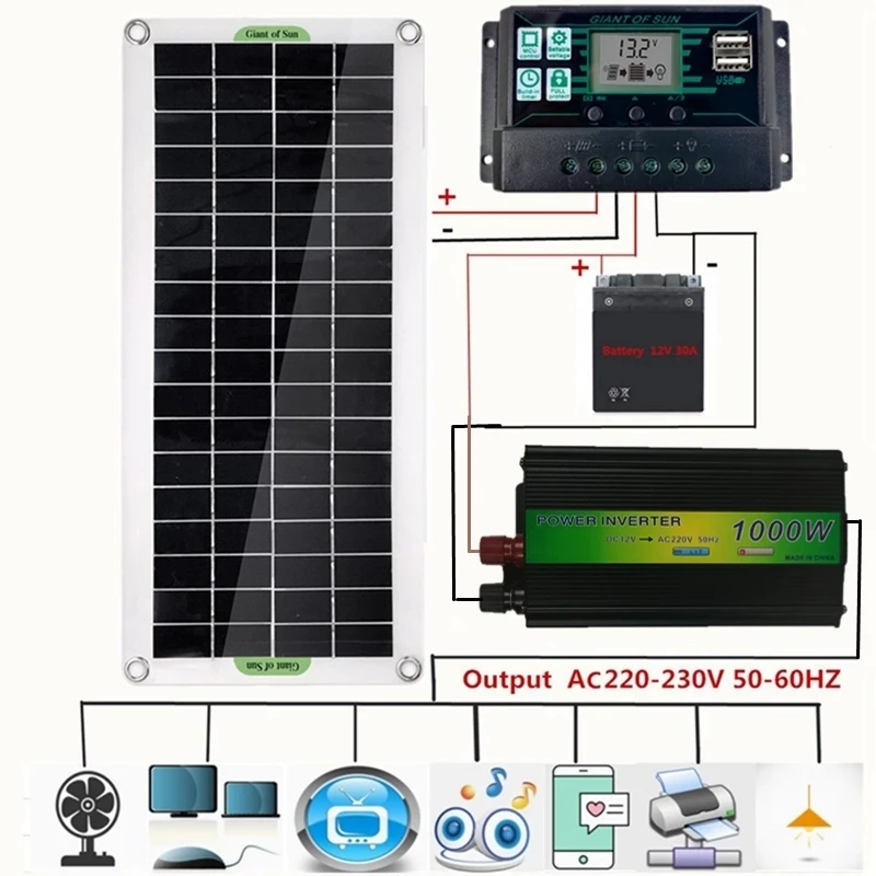 220V 30W Solar Panel Battery Charger 1000W Inverter USB Kit Complete Controller Solar Power System