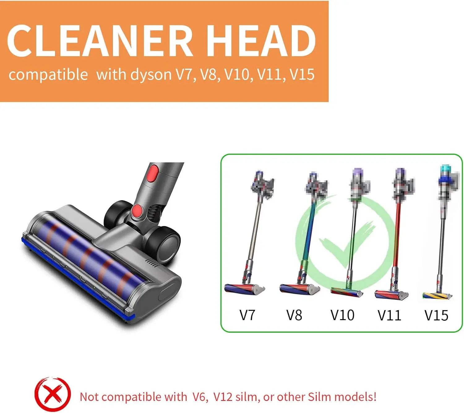 Replacement Vacuum Head compatible For Dyson V7 V8 V10 V11 V15  Attachment Cleaner Electric Head 4 LED Lights with Roller