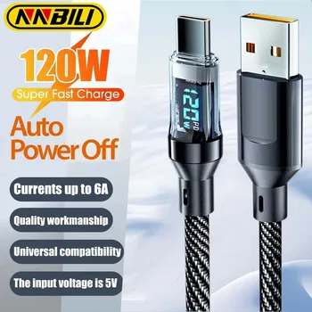 NNBILI USB 초고속 충전 케이블, 실시간 디지털 디스플레이, USB A to C 타입 케이블, 아이폰 레드미 화웨이 폰용, POCO, 120W 